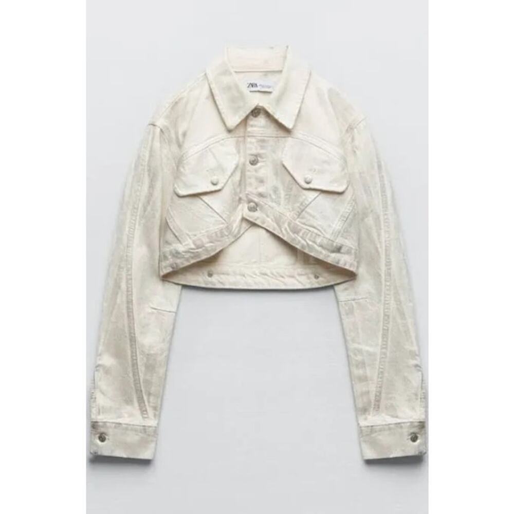 NWT Zara Y2K Metallic Retro Vintage Crop Denim Jacket White Silver Small - Picture 3 of 7